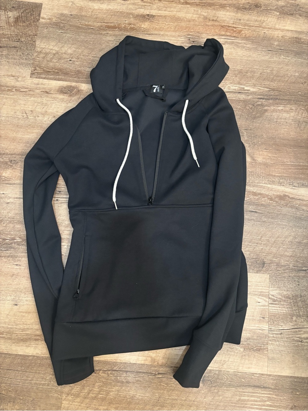 Black Hooded Pullover with White Drawstrings